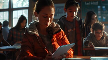 Teacher or student using tablet in educational setting with desks and chairs