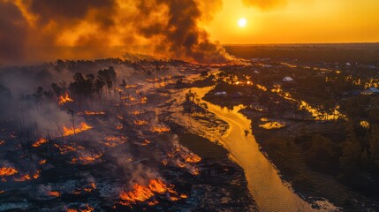Extreme weather events like hurricanes and wildfires linked to climate change, devastating landscapes