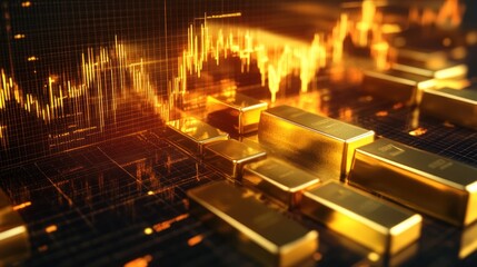 Obraz premium A digital representation of gold bars with stock market trends in the background.