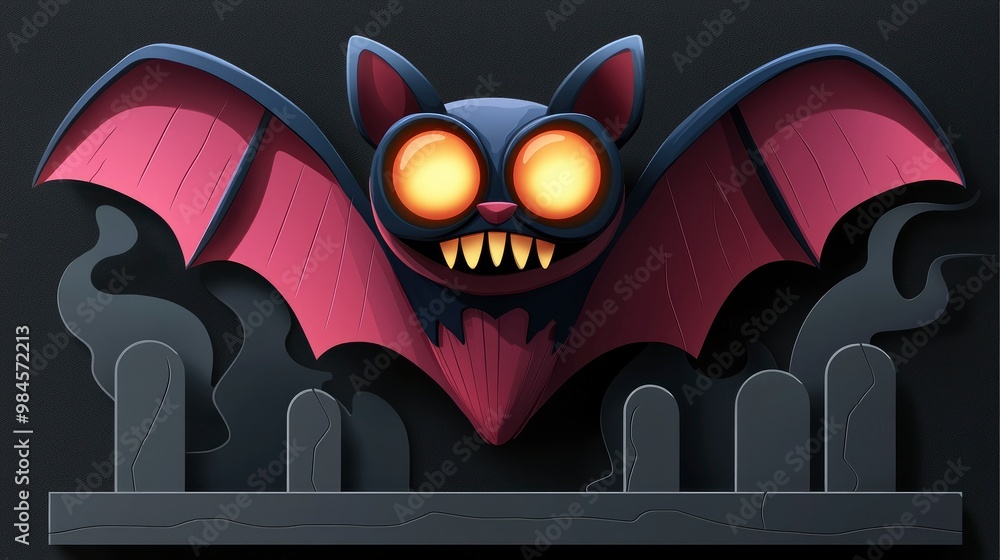 Sticker Cartoon Bat with Glowing Eyes on Halloween Night