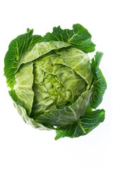 Obraz premium Close-up photo of a fresh head of cabbage on a clean white surface, ideal for food and still life photography