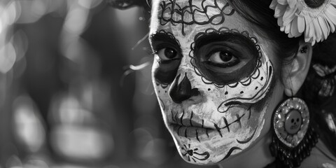 Fototapeta premium A black and white portrait of a woman with skull makeup, great for Halloween or horror-themed projects