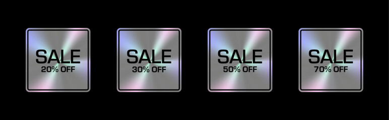 Holographic stickers with a metallic sheen showcasing various promotional messages: 20%, 30%, 50%, 70% OFF. The hologram tags have distinct shapes and vibrant reflect.
