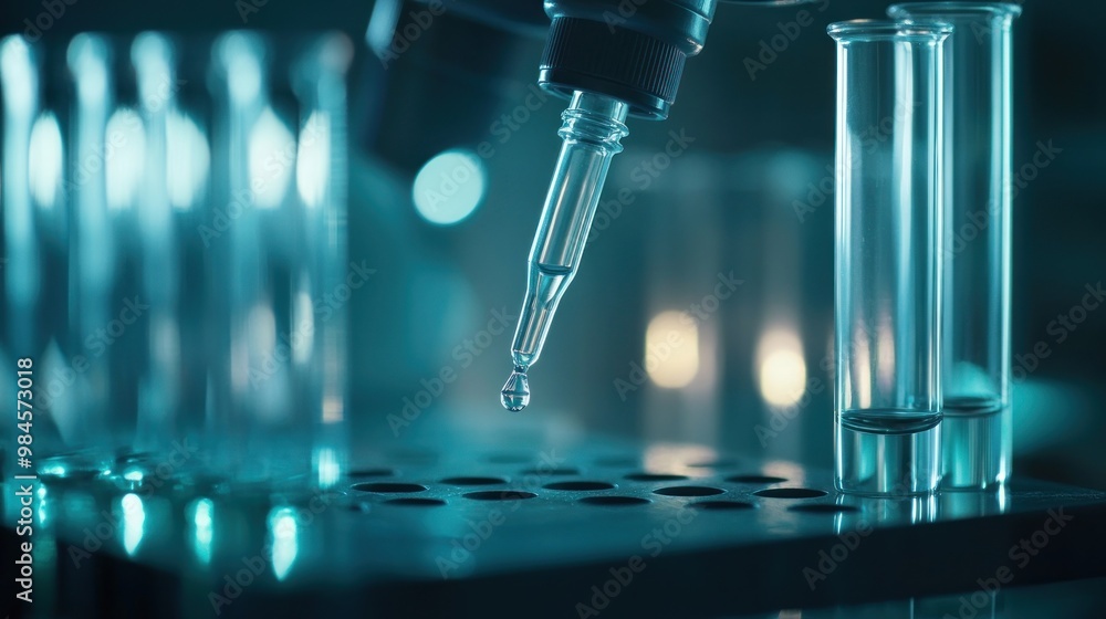 Poster a close-up of a pipette dropping a liquid into a test plate in a laboratory setting.