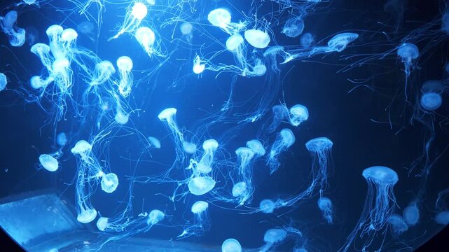 Small white jellyfish swim in a circle in an aquarium