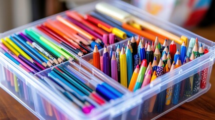 A clear container filled with various colored pencils and crayons for artistic purposes.