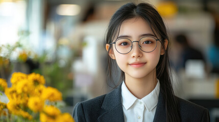A young woman in a formal outfit smiles warmly, showcasing confidence in a trendy cafe with sunflowers in the background