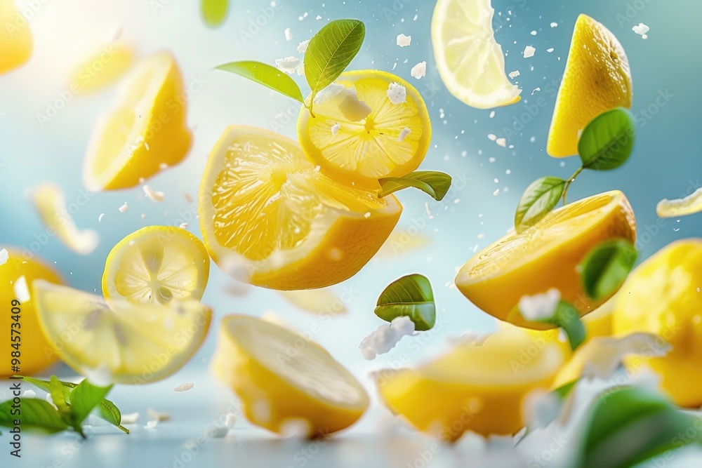 Poster a group of lemons dropping from a tree branch, capturing the moment of their fall
