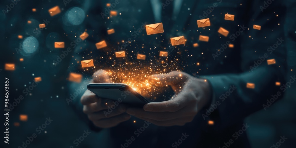 Poster digital communication with floating email icons and sparkles
