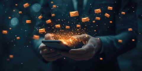 Digital Communication with Floating Email Icons and Sparkles