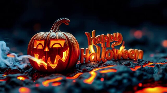 Happy Halloween title with pumkins on lava floor