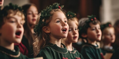 Fototapeta premium Group of children singing in church choir singing Christmas carols christmas festival
