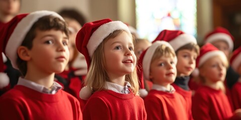Fototapeta premium Group of children singing in church choir singing Christmas carols christmas festival