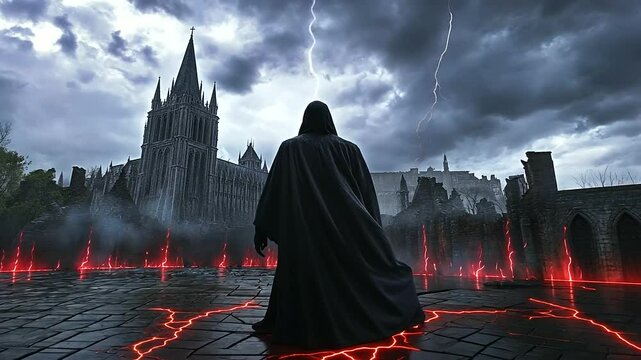 A cA vampire with a dramatic cape standing in front of an ancient, crumbling castle with lightning flashing in the distance