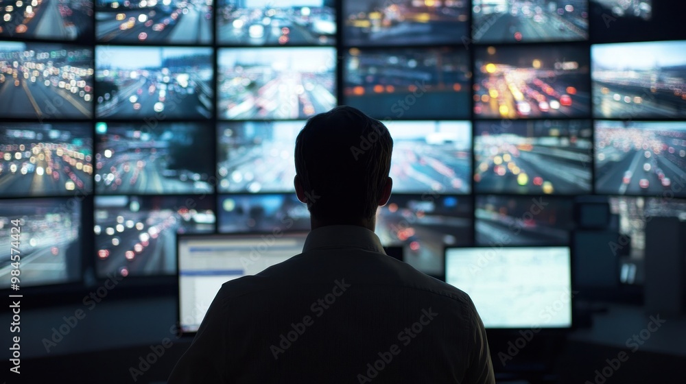 Poster a person monitoring multiple screens displaying busy city traffic.