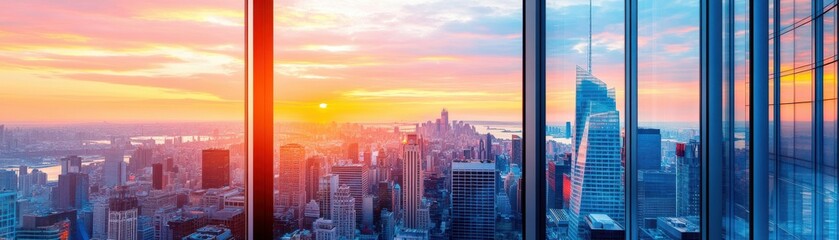 Obraz premium Stunning sunset view from a high-rise building, showcasing a vibrant city skyline bathed in warm hues of orange and purple.