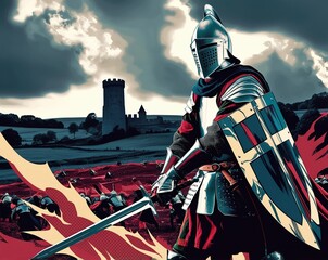 Obraz premium Knight in shining armor stands ready for battle in epic medieval setting