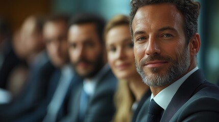 A group of business people at a conference or meeting, sitting in arow and listening to a presentation. Highlighting the focus and engagement of attendees.