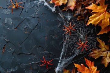 A spider web surrounded by autumn leaves on a dark background