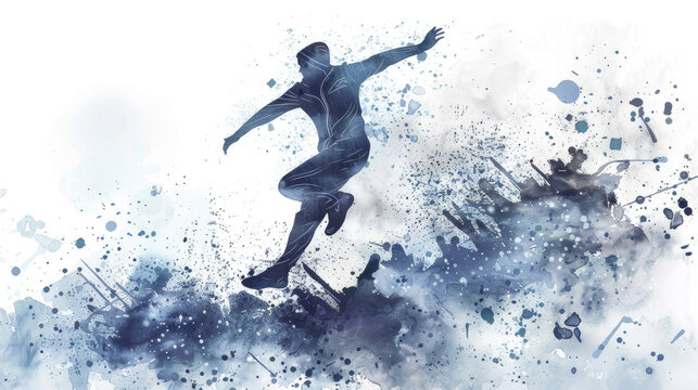 A runner is captured mid-leap against an energetic and colorful abstract backdrop that suggests movement and urban vitality