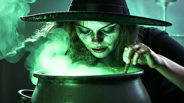 A close-up of a witch stirring a cauldron, with steam rising and a mysterious green glow illuminating her face