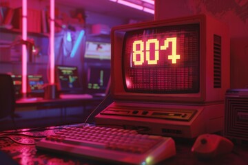 An old computer with a clock displayed on the screen