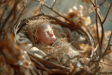 A baby animal resting in a natural nesting material of twigs, ideal for wildlife or nature-inspired themes