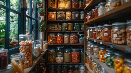 Fototapeta premium A picturesque pantry filled with neatly arranged assorted jars of various preserved foods, situated next to a large window with lush green plants outside