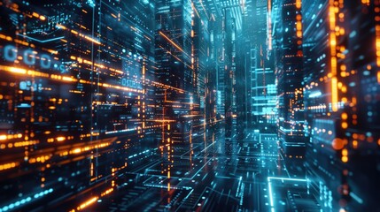 Urban landscape at nighttime with glowing lights and modern architecture