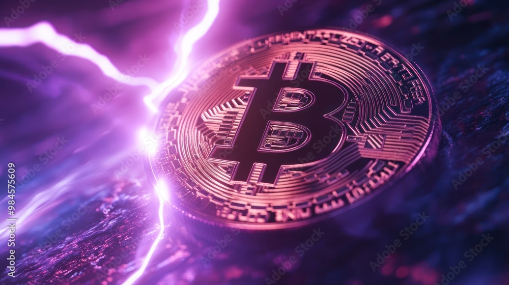 Poster a digital representation of a bitcoin with lightning effects, symbolizing cryptocurrency power.