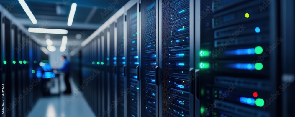 Poster modern data center with illuminated server racks and advanced technology, showcasing the heart of di