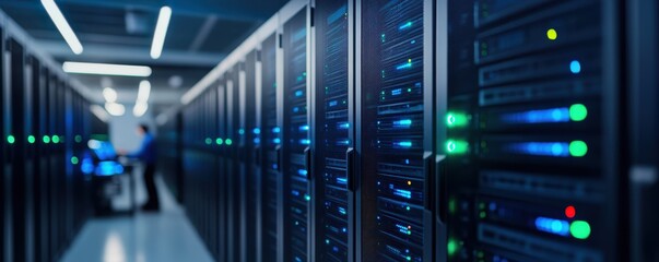 Modern data center with illuminated server racks and advanced technology, showcasing the heart of digital infrastructure.