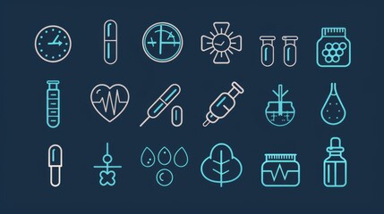 A collection of medical icons on a dark background for use in various healthcare and medicine-related contexts