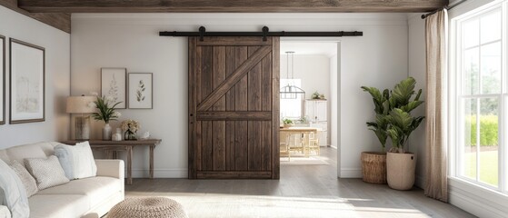 Elegant barn door with a rustic finish, featuring detailed wood grain and antique-style hardware, creating a stylish and classic look against a serene, modern backdrop