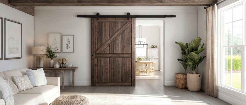 Elegant barn door with a rustic finish, featuring detailed wood grain and antique-style hardware, creating a stylish and classic look against a serene, modern backdrop