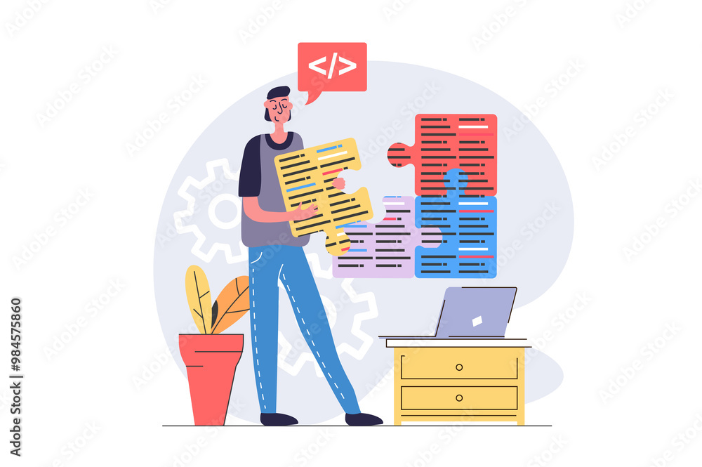 Fototapete Programmers concept in modern flat design for web. Developer working with program code at laptop, engineering and improving products, brainstorming and finding best solutions. Illustration.