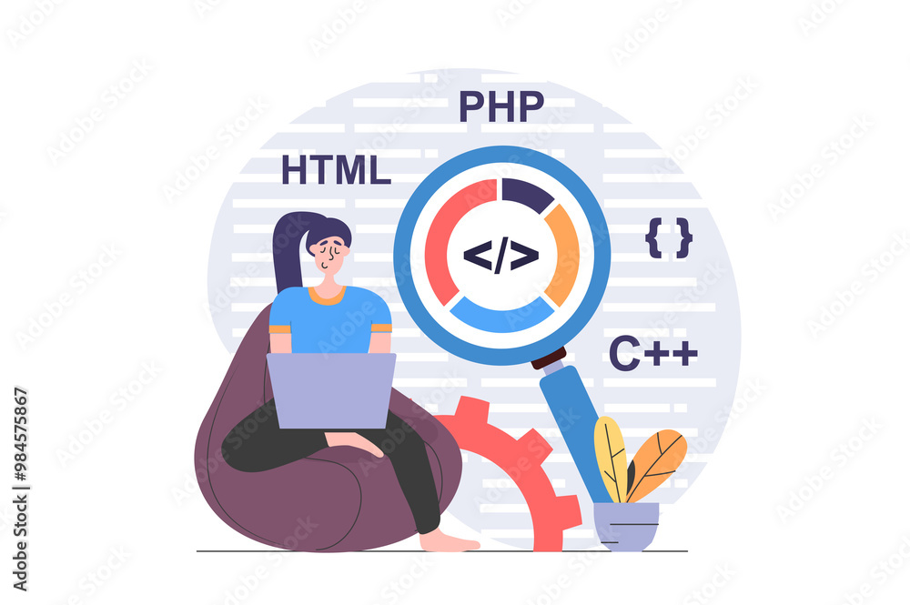Aufkleber Programmers concept in modern flat design for web. Woman developer working with program code and making research at laptop, improving new products and finding best solutions. Illustration.
