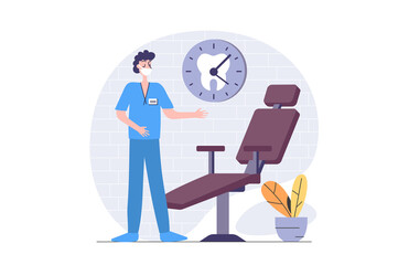 Medicine concept in modern flat design for web. Dentist working in stomatology office and waiting patients by chair for checkup and dentistry procedures, orthodontist service. Illustration.