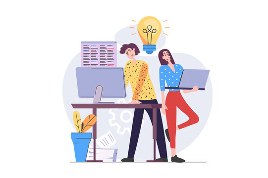 Programmers concept in modern flat design for web. Developers team working with code at laptop and computer, brainstorming and creating programs and software, improving products. Illustration.