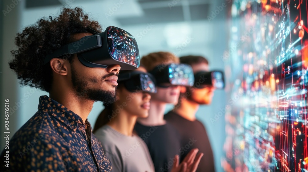 Poster four individuals wearing vr headsets interact with a digital display in a modern environment.