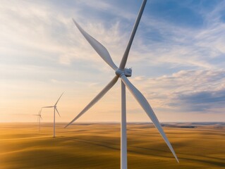 Majestic wind turbines stand tall against a golden landscape, showcasing the beauty of renewable energy and sustainable development.