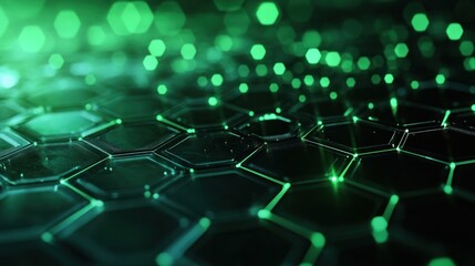 Obraz premium A close-up view of a hexagonal pattern with glowing green accents, suggesting a digital or futuristic theme.