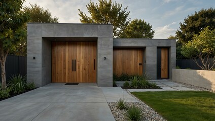 Modern entrance with a wooden door and minimalistic landscaping.