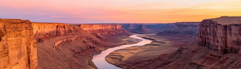 Naklejka premium Stunning view of the Horseshoe Bend at sunset, showcasing dramatic cliffs and the winding Colorado River.