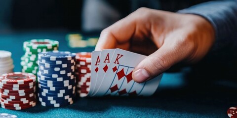 The player's hand holds the high pair. And there are poker chips on the table. Playing cards in the casino