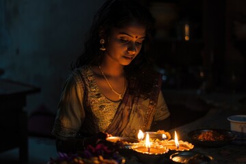 A woman sits in front of a decorated cake with lit candles, ready to make a wish