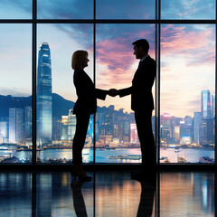 Fototapeta premium Executives shaking hands with a city skyline in the background, corporate negotiation, business success