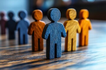 Wooden Figures: A row of colorful wooden figures stand together, symbolizing unity and diversity in a close-up shot that emphasizes the importance of inclusion and teamwork. 