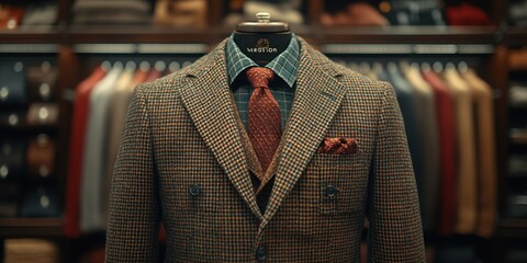 Impeccably tailored houndstooth blazer with a red tie and checkered shirt on a mannequin in a high-end men's clothing store with neatly arranged suits - Powered by Adobe