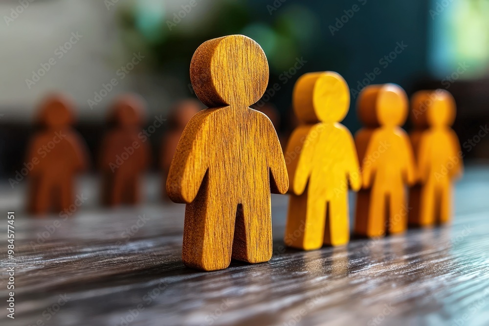 Aufkleber wooden figures: unity and collaboration in a diverse team. a close-up shot of wooden figures standin